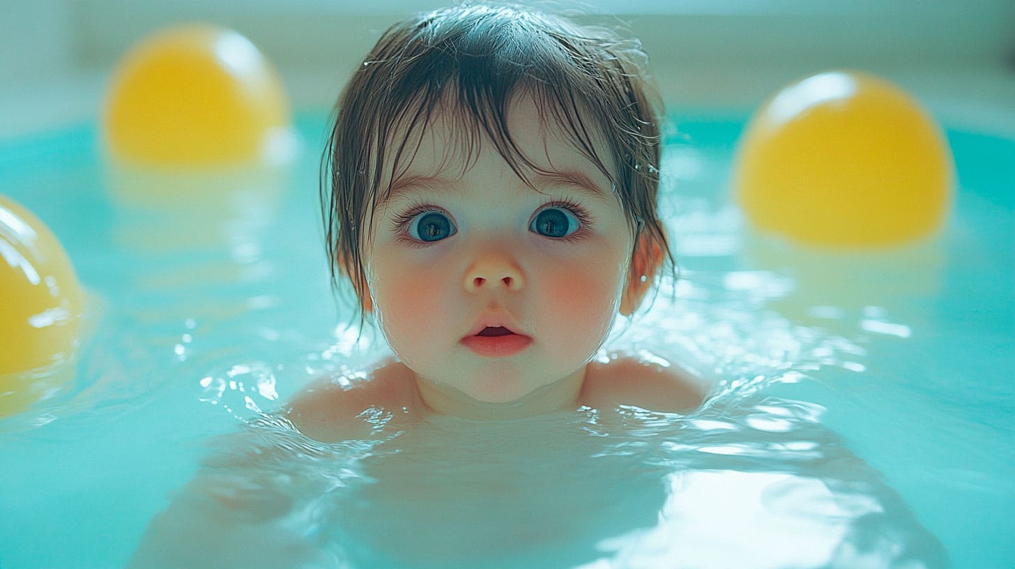 Bebé flotando en una piscina