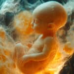 Human embryo surrounded by light and fibers, symbol of in vitro fertilization journey.