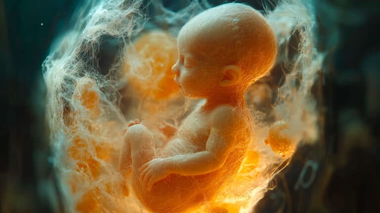 Human embryo surrounded by light and fibers, symbol of in vitro fertilization journey.